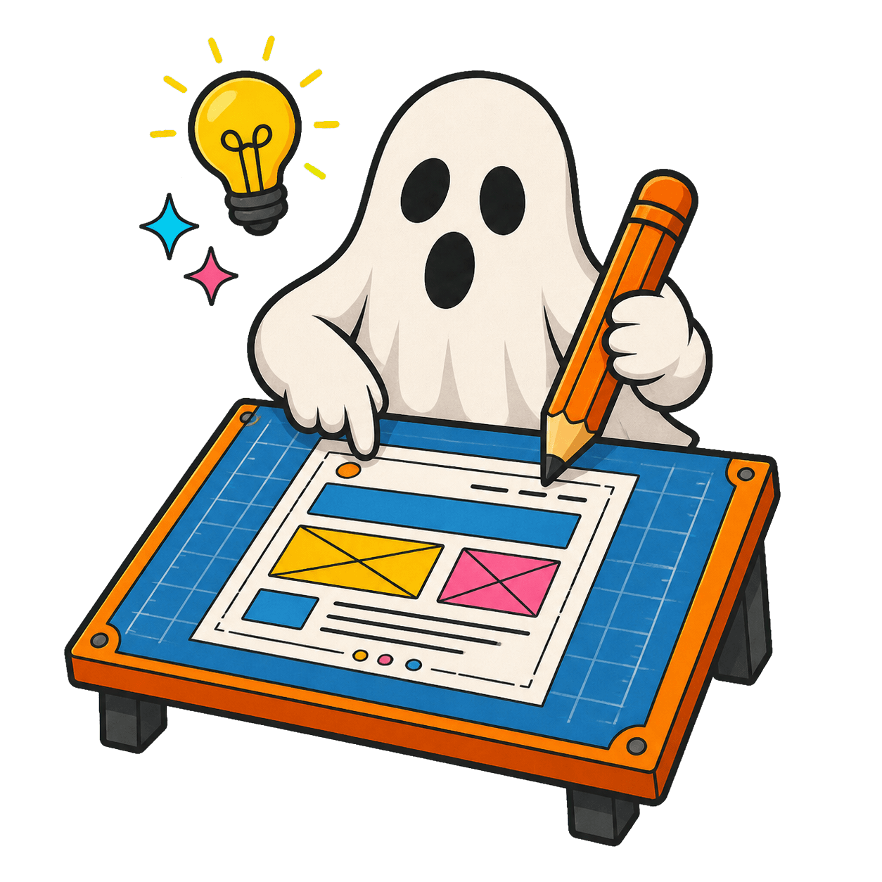 GhostDevOps companion sketching a website idea at a blueprint table