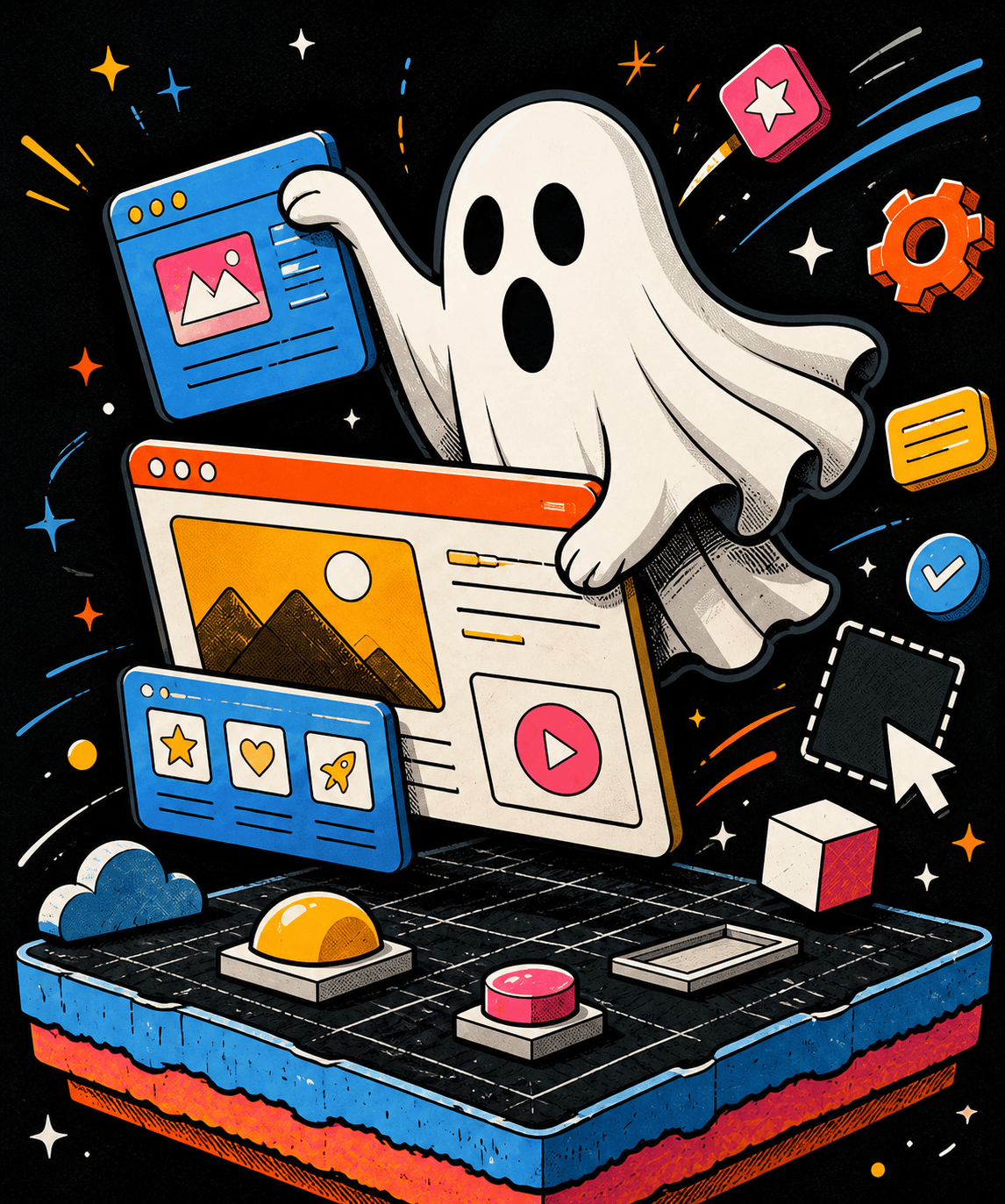 Cartoon ghost mascot assembling a colorful website
